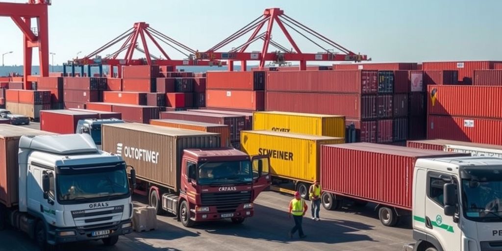 Cargo terminal with trucks and containers