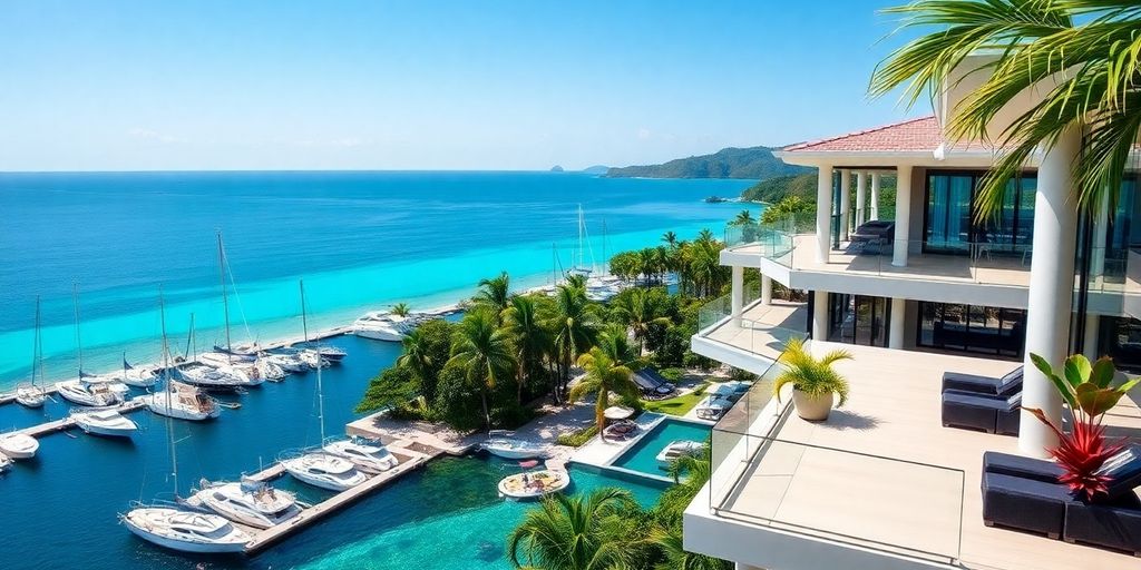 Luxury villa with marina in Thailand under clear blue skies.