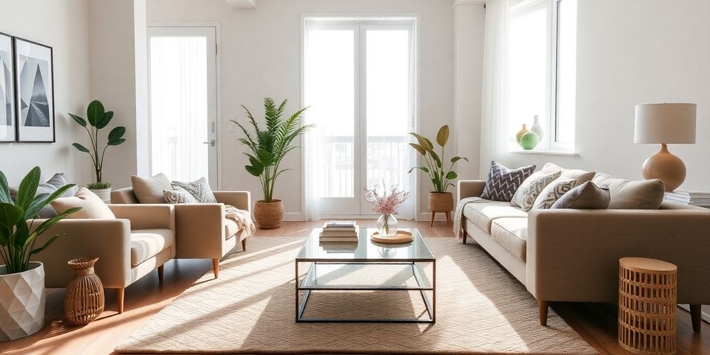Minimalist living room with neutral colors and stylish decor.