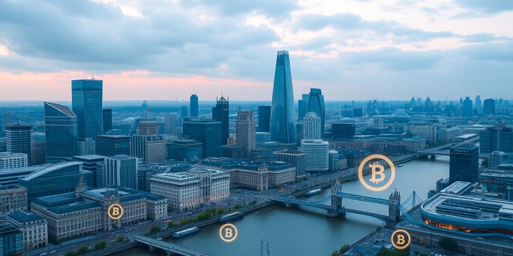Modern London skyline with digital tokens overlay.