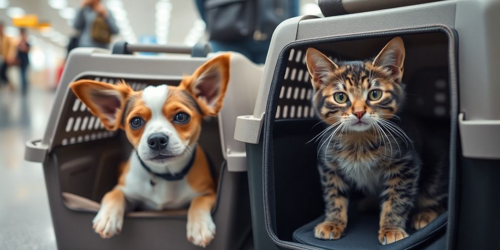 Small dog and cat in carriers at airport.