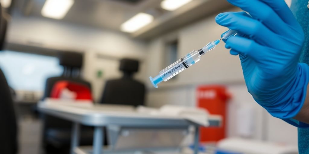 Nurse prepares TB test in mobile clinic.