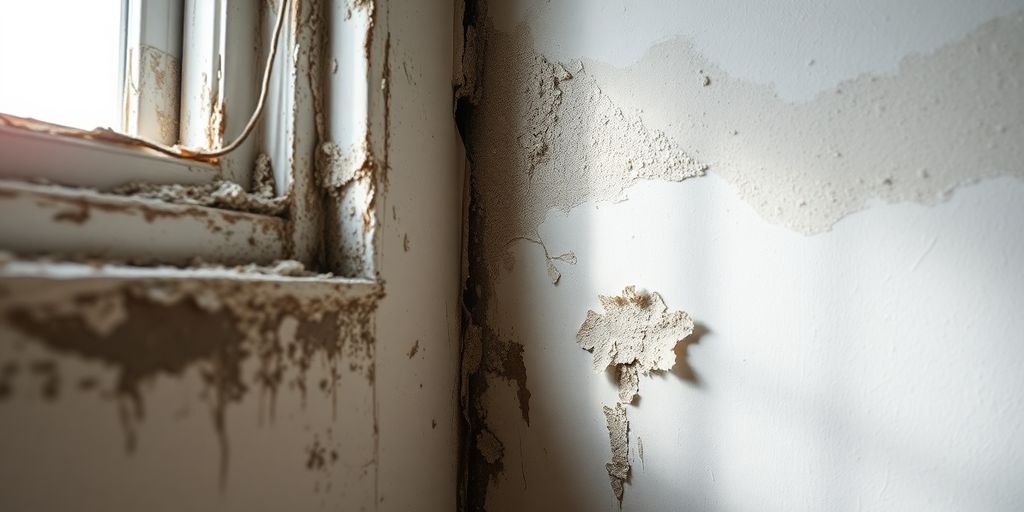 Water-damaged wall with visible mold and peeling paint.
