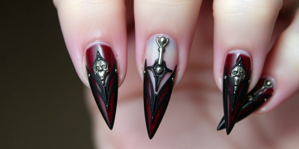 Gothic nail art with black, red, and metallic accents.