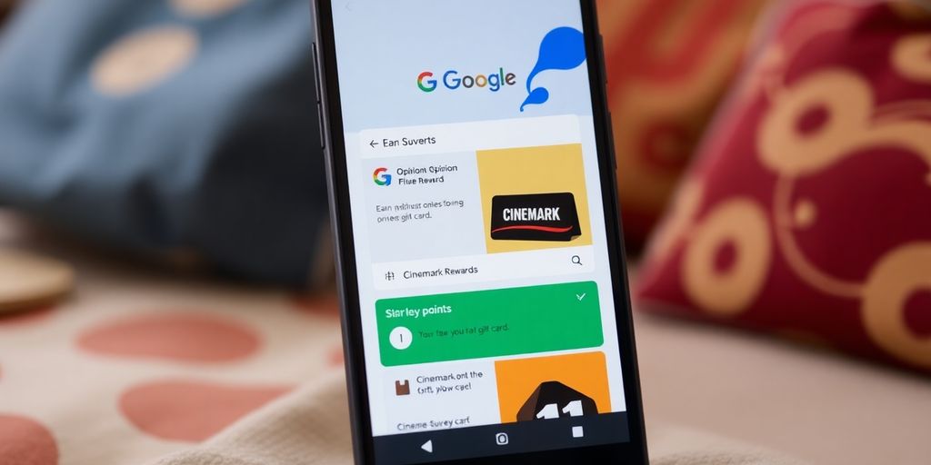 Smartphone showing Google Opinion Rewards app for gift cards.
