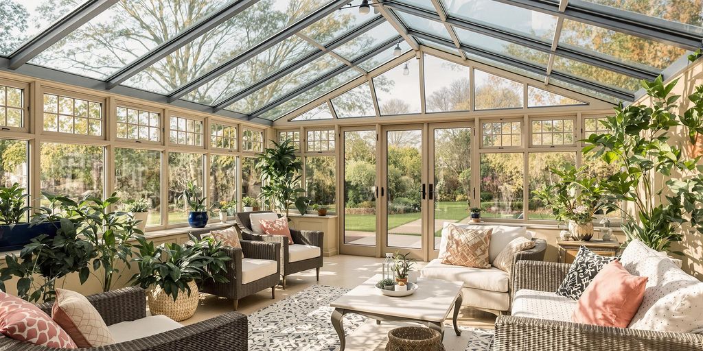 Cozy orangery with underfloor heating and natural light.