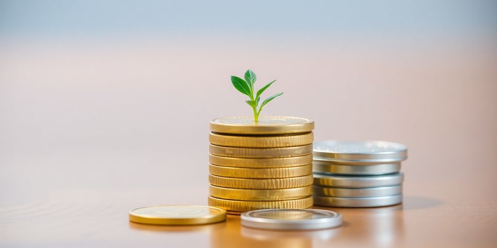 Coins stacked with small plant