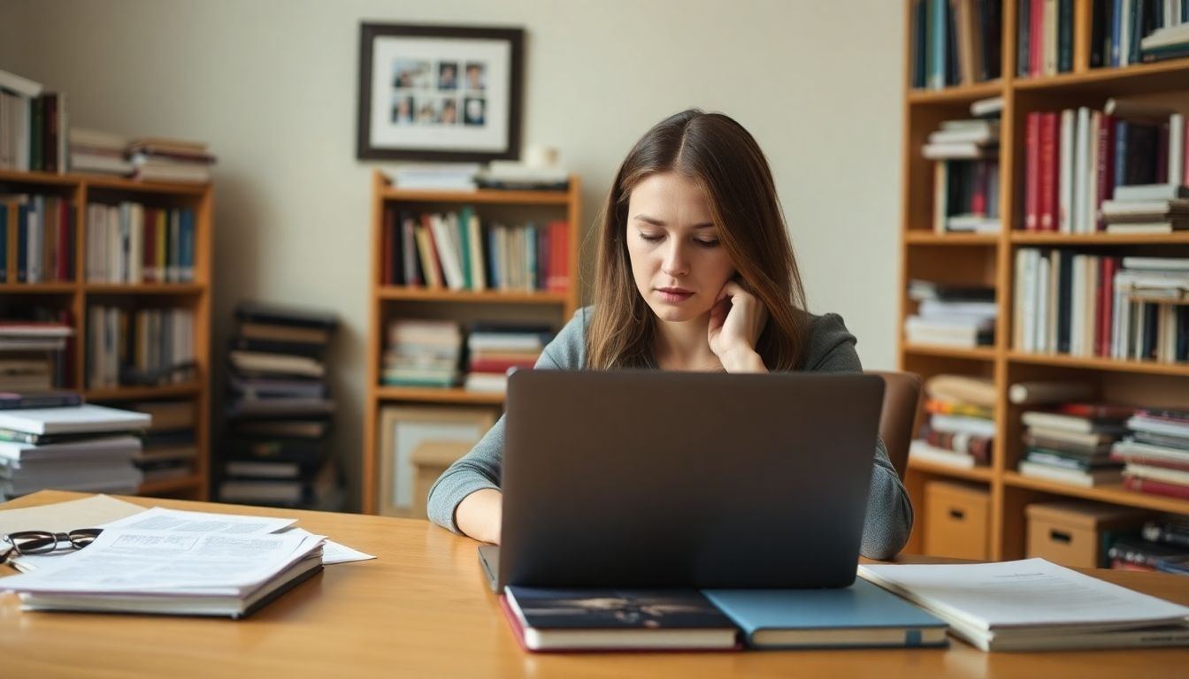 Woman researching adoption agencies at a desk.
