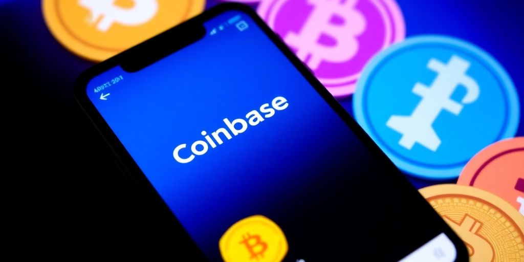 Smartphone with Coinbase app and cryptocurrency icons in background.
