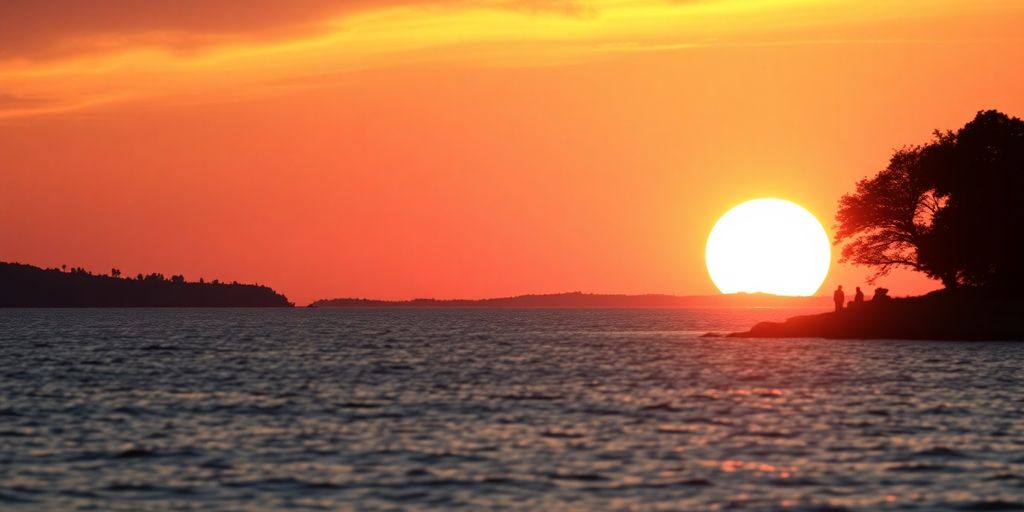 Silhouetted trees near calm waters at sunset.
