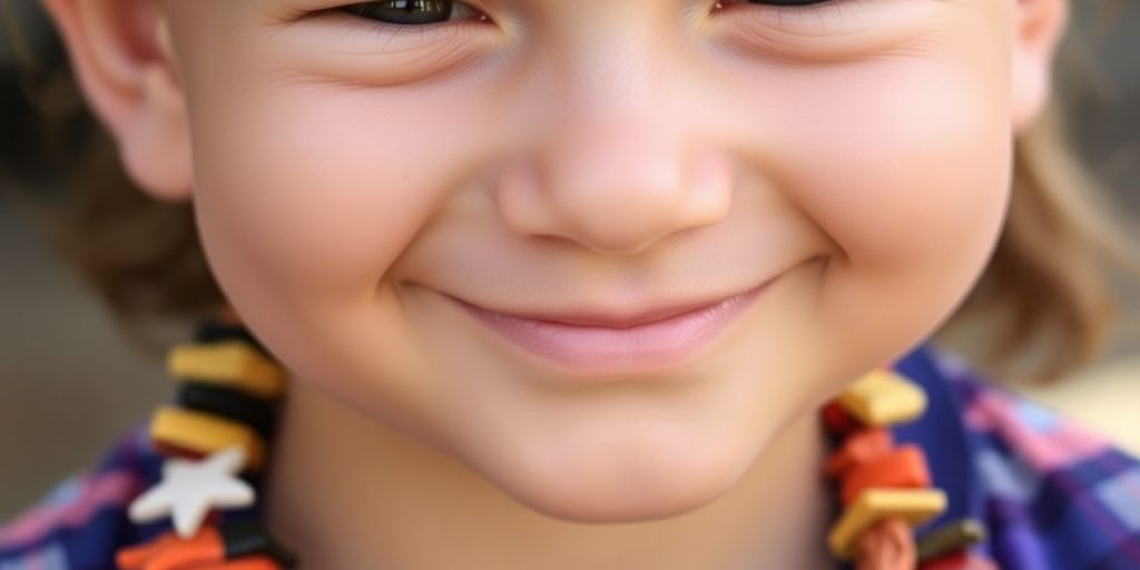 Child wearing a colorful wood chip necklace.