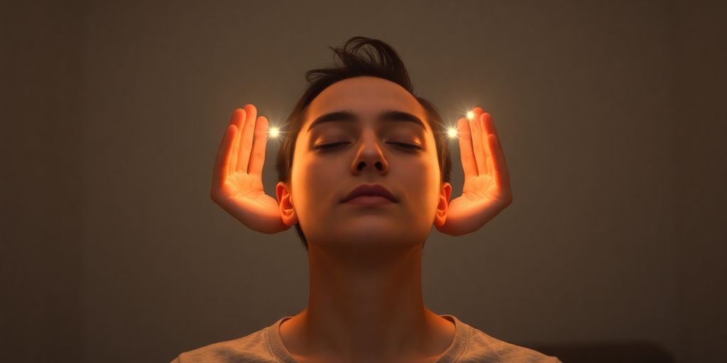 Personne relaxée, lumière douce, mains énergétiques, ambiance apaisante