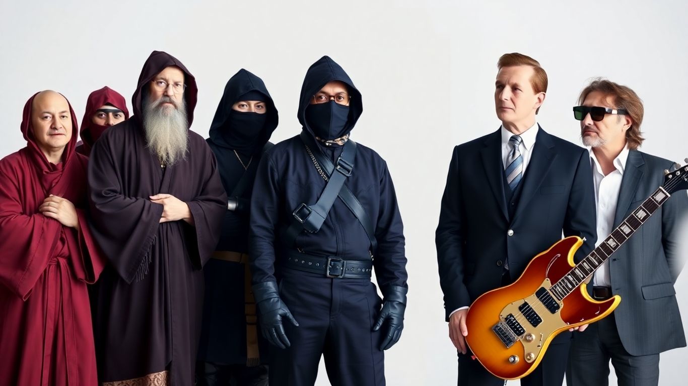 Costumed characters beside a calm, professional person