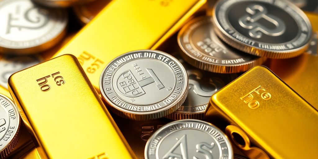 Lingots d'or et pièces d'argent scintillant sur un fond sombre.