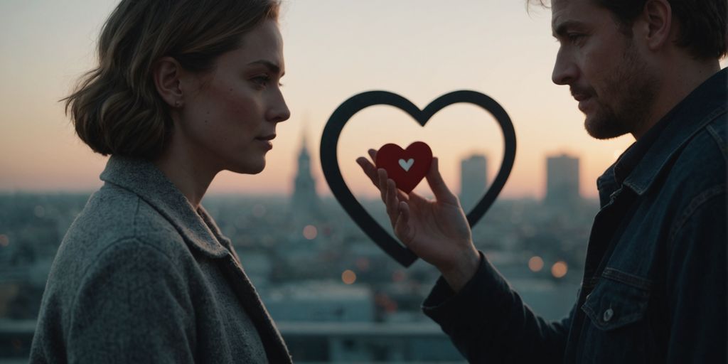 Couple talking about boundaries with heart symbol behind