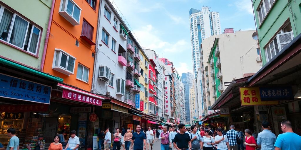 Colorful street scene in Hong Kong's lively neighborhood.