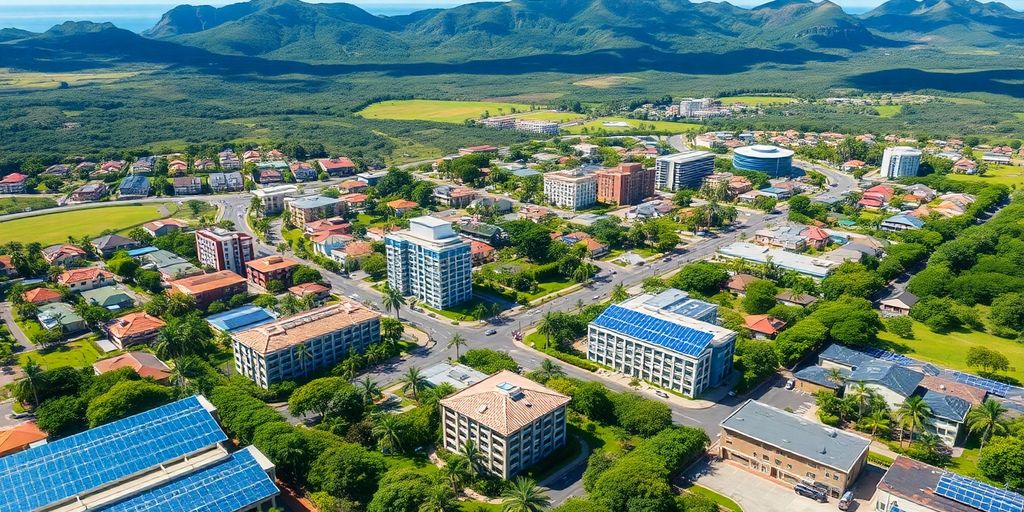 Aerial view of eco-friendly buildings and natural landscapes in Maui.