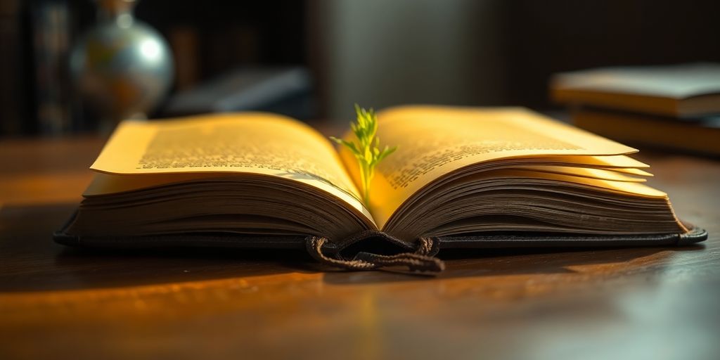 Open book with golden light, growing plant