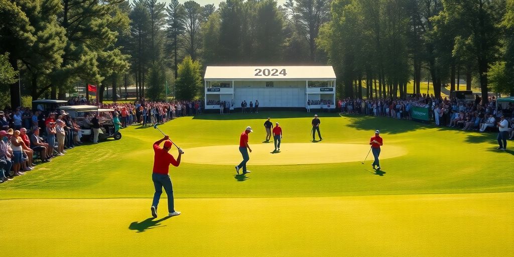 Golf players in action on a sunny tournament day.