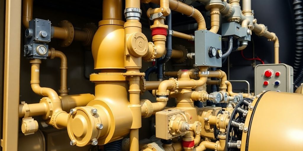 Close-up of turbine auxiliaries and safety systems.