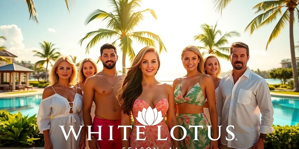 White Lotus Season 4 cast on a luxurious beach.