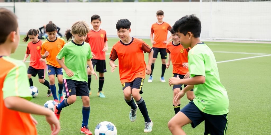 Youth soccer players training together on a green field.