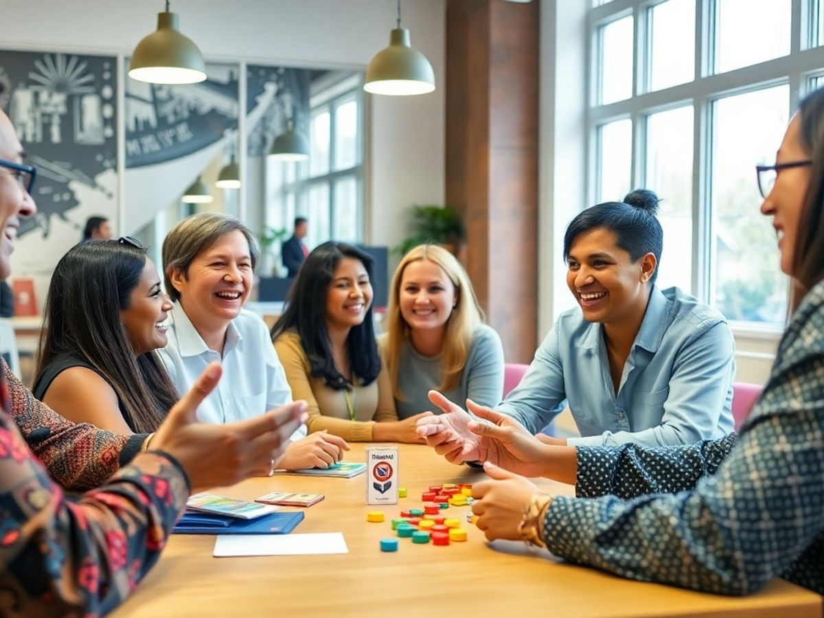 Adults enjoying language games in a colorful setting.