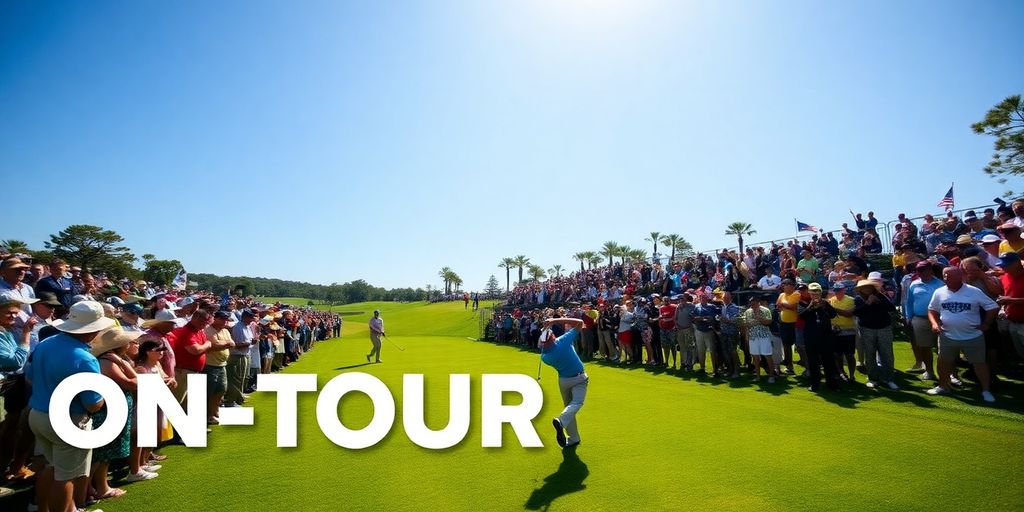 Golfers competing on a sunny course with spectators.
