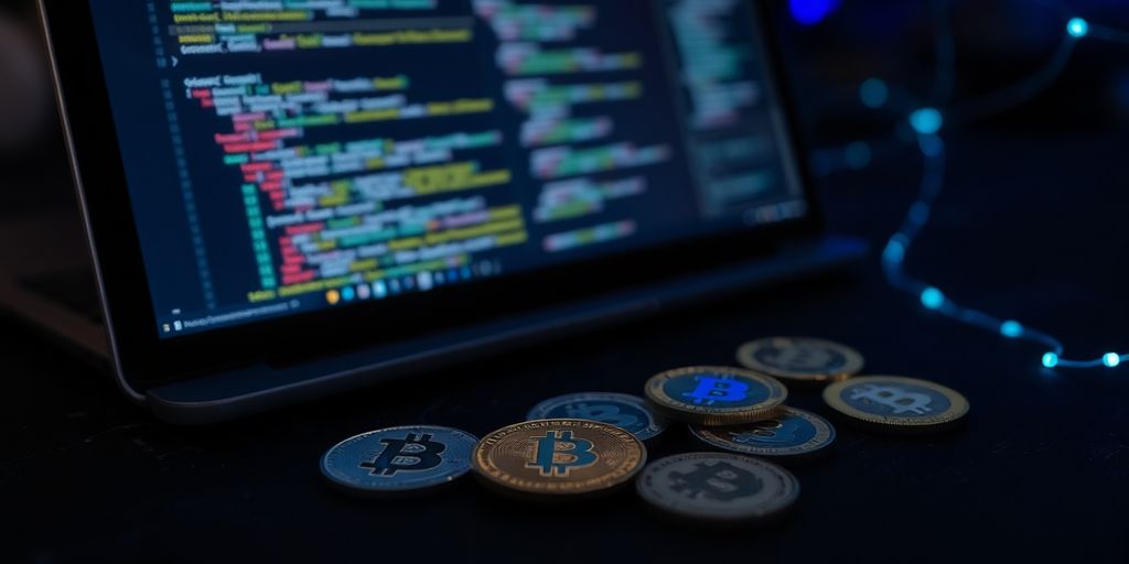 Laptop, code editor, cryptocurrency coins, glowing lines.