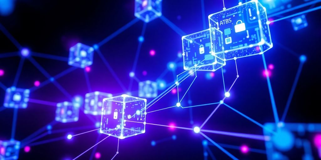 Blockchain network connections and digital currency.