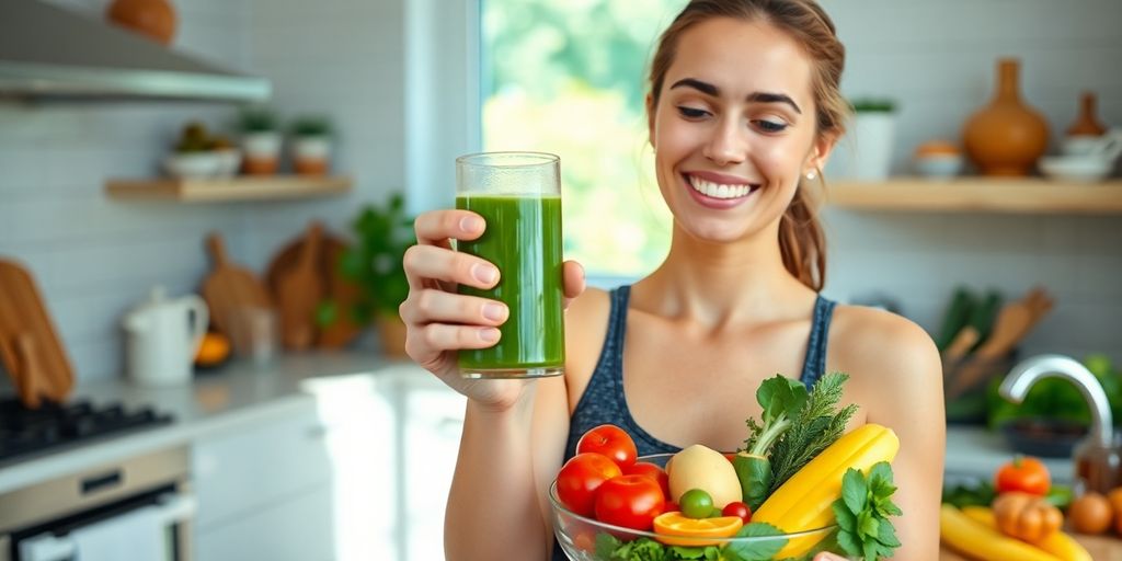 Vibrant person holds fresh green juice and colorful fruit bowl.
