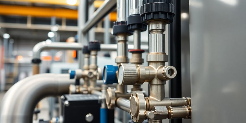 Industrial thermal control system with pipes and valves.