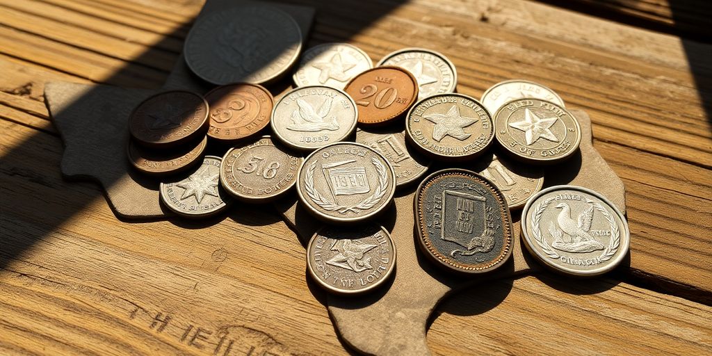 Assortment of vintage coins on wooden table forming Texas shape