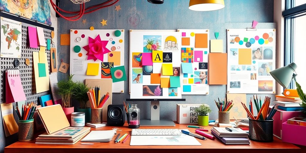 Espaço de trabalho vibrante com ferramentas de design gráfico.