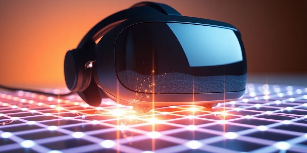 Sleek VR headset on glowing grid with interactive beams.