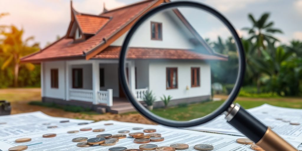 Thai house and land with magnifying glass and coins.