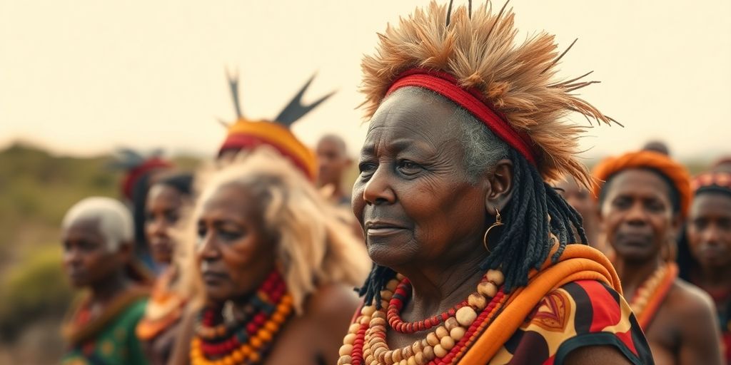 Indigenous Australian people in a natural, culturally significant landscape.