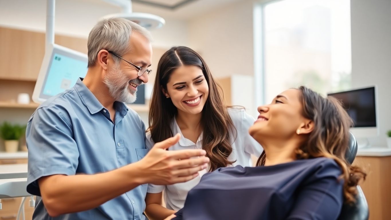 Dental professional with a smiling patient in clinic.