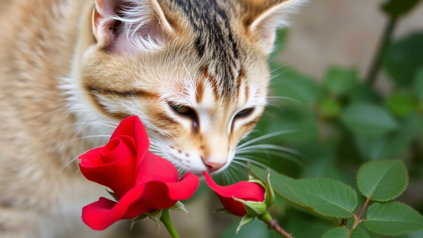 Cat sniffing a red rose