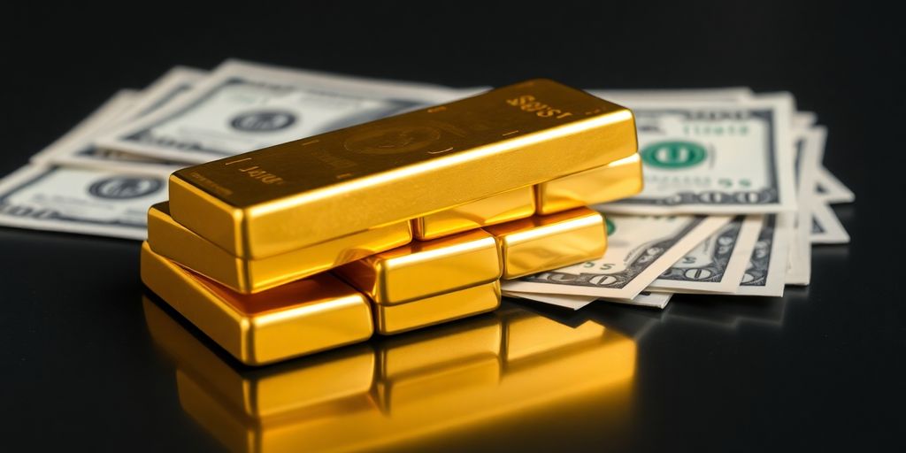 Piles de lingots d'or à côté de billets de dollars