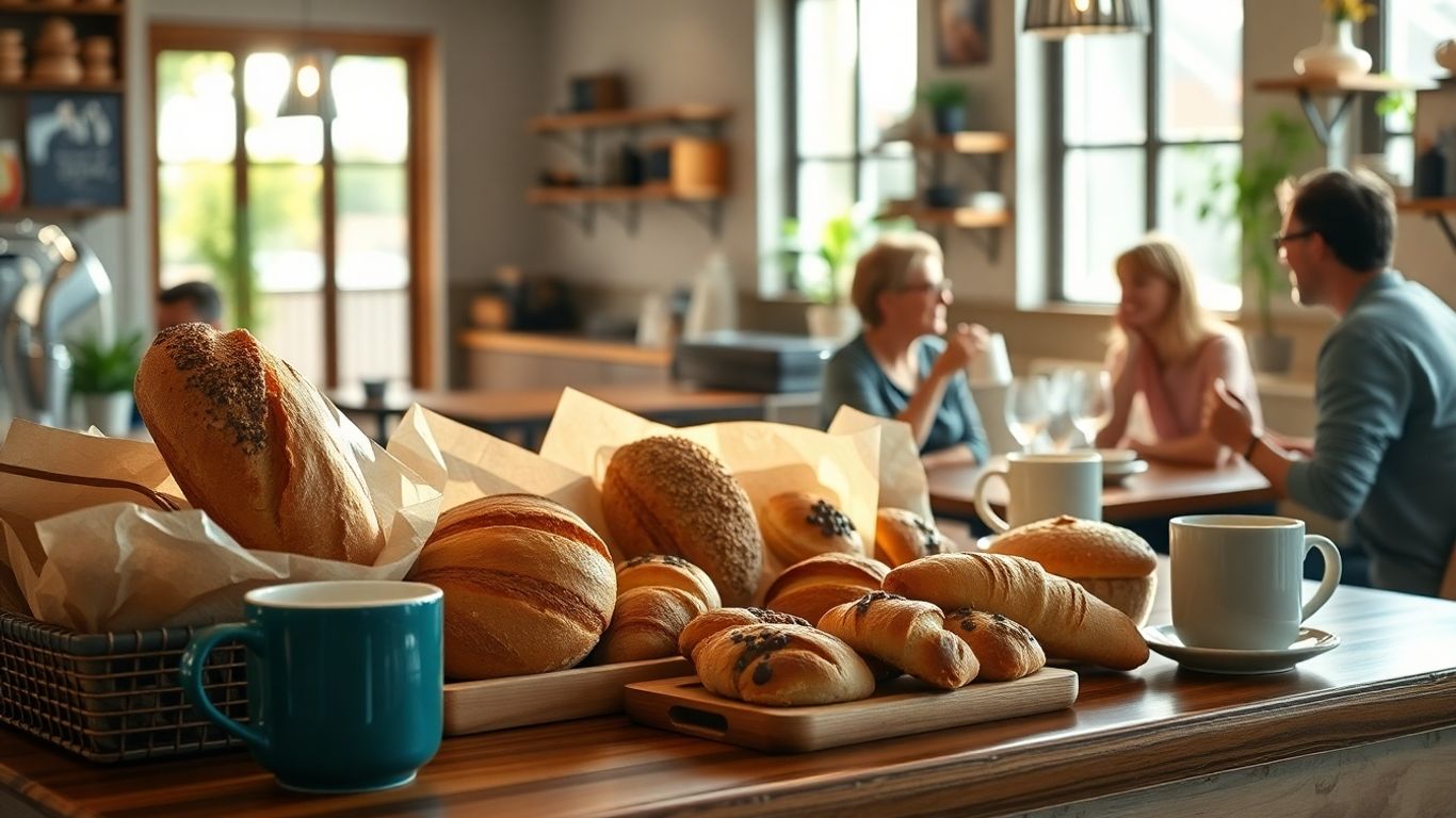 Artisan breads, pastries, coffee, and customers in cosy café.