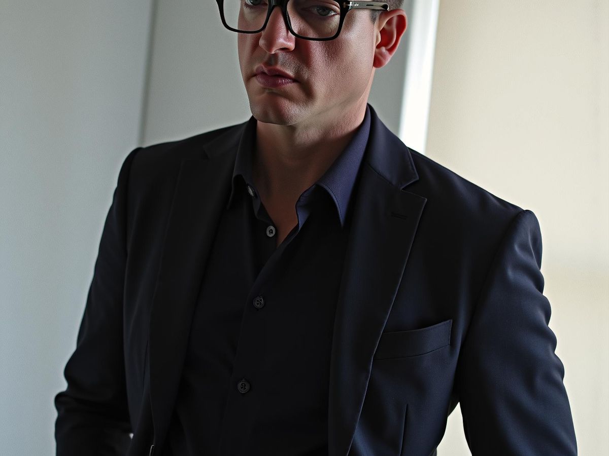 A serious individual dressed in a formal black suit.