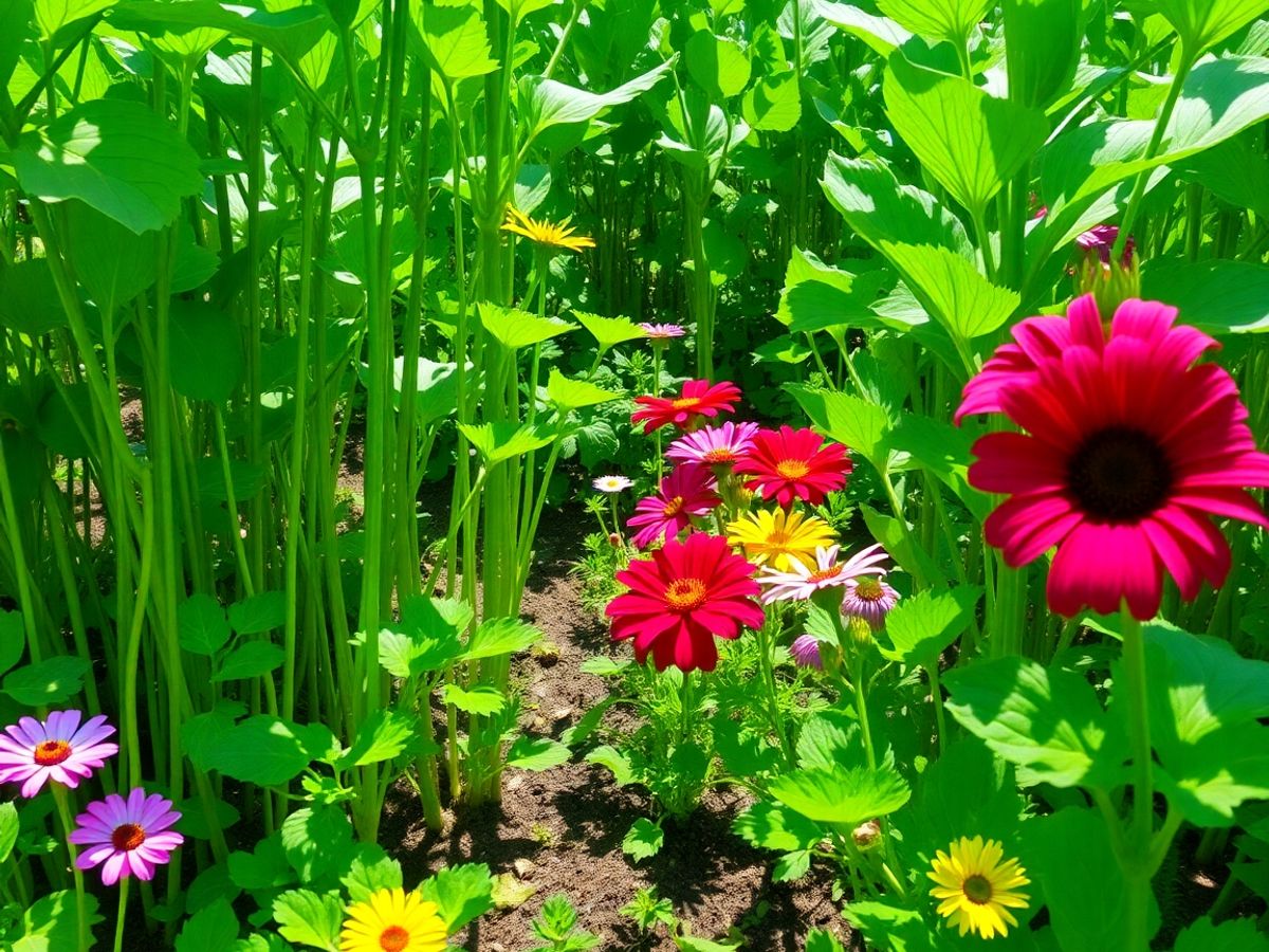 Grădină verde vibrantă cu legume proaspete și flori colorate.