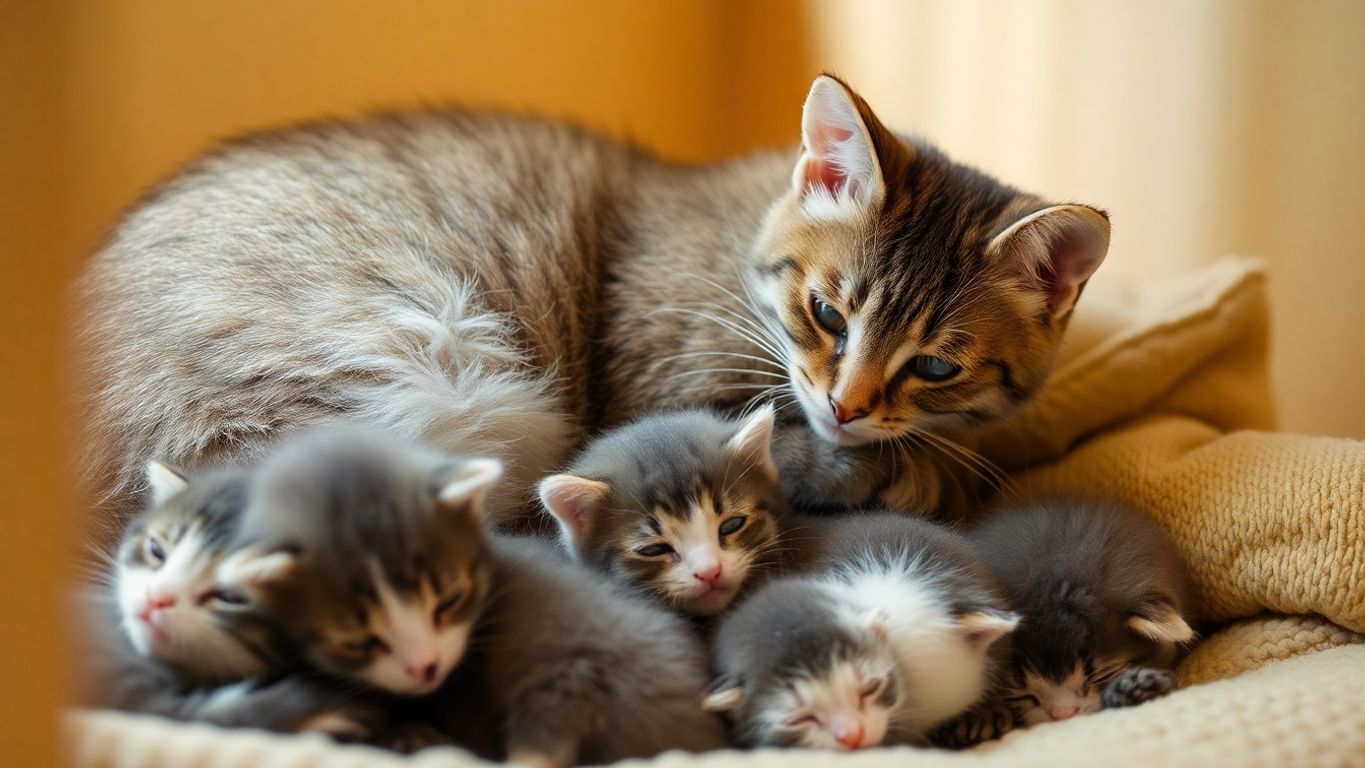 A mother cat and her playful kittens in a cozy setting.