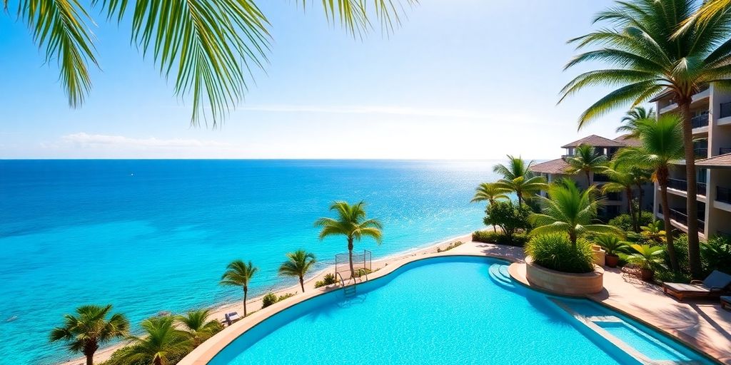 Luxury Hawaii resort, ocean, palm trees.