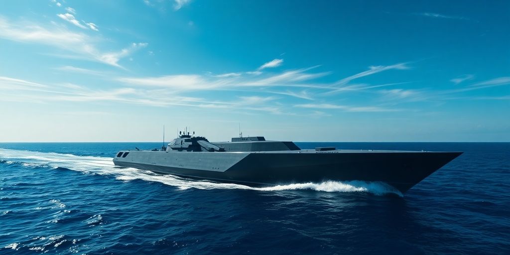 Modern warship, sleek design, ocean, blue sky.
