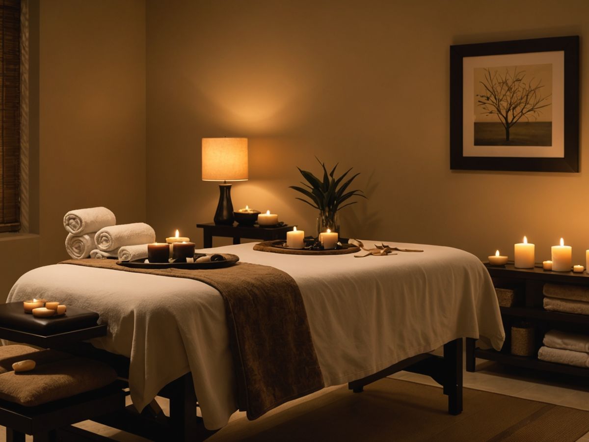 Peaceful spa room with massage table and candles