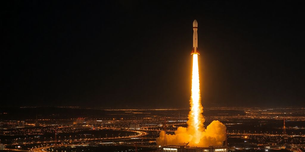 Fusée décollant, ville la nuit, lumières vives.
