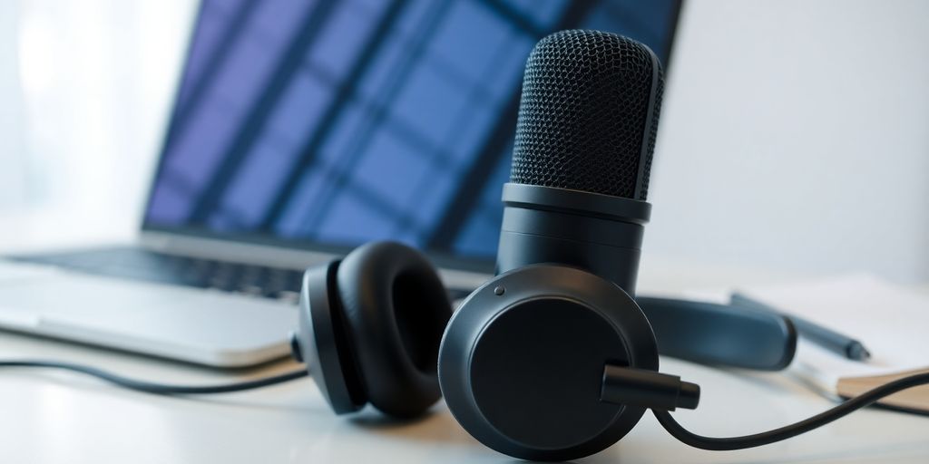 Close-up of microphone and headphones on a desk.