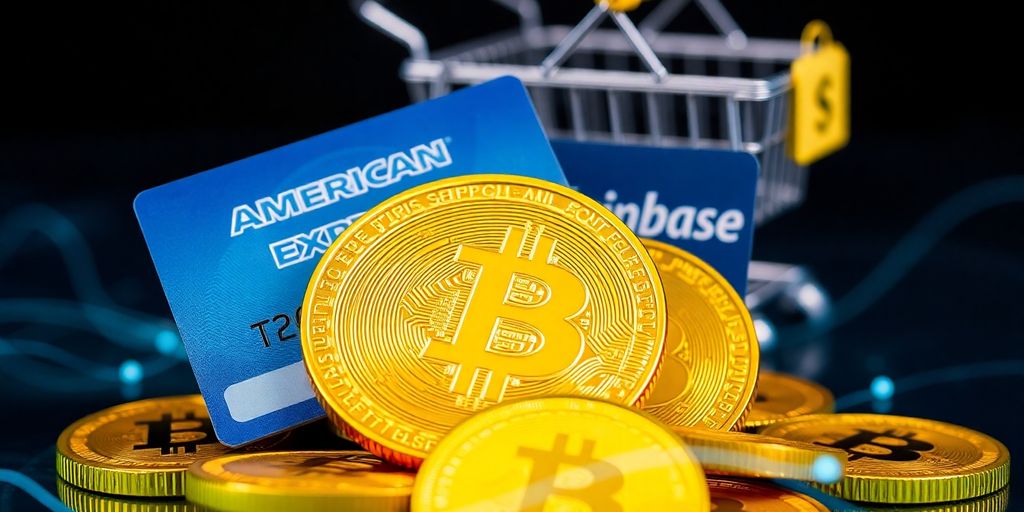 Crypto coins, credit cards, shopping cart.